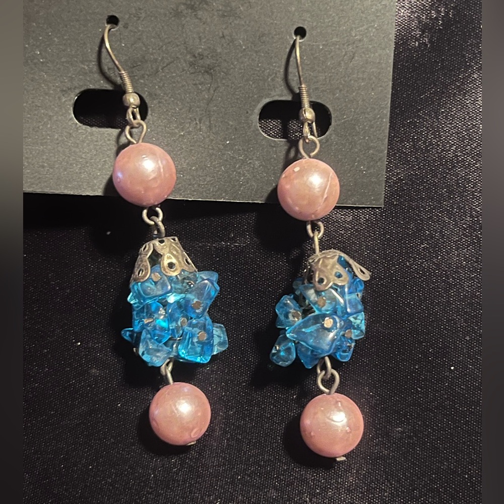 BLUE ROCK CRYSTAL AND PINK FAUX PEARL FRENCH WIRE EARRINGS